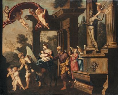 Ecole Italienne de la fin du XVIIème siècle La fuite en Egypte Toile 100 x 124 cm...