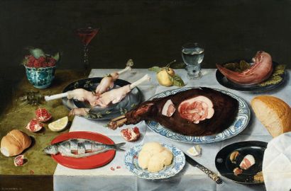 Jacob van HULSDONCK (Anvers, 1582 - Anvers, 1647) Nature morte au déjeuner gras et...