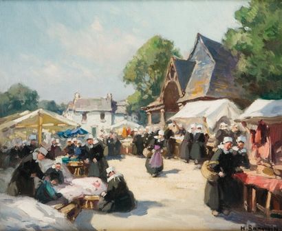 Henri BARNOIN (1882-1940) Le marché en Bretagne Huile sur toile, signée en bas à...