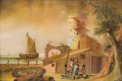 FIXE SOUS-VERRE Marine à la tour. Vers 1800....