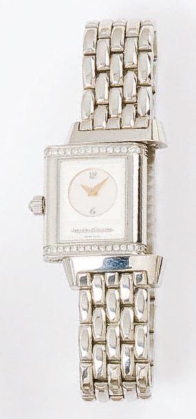 JAEGER LECOULTRE - REVERSO DUETTO : Bracelet montre de dame en acier. Cadran gris....