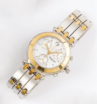 PEQUIGNET : Bracelet montre chronographe en or jaune et acier. Cadran blanc à trois...
