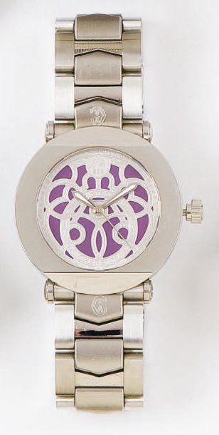 CHARIOL : Bracelet montre chronographe en acier. Cadran violet. Fond saphir. Mouvement...