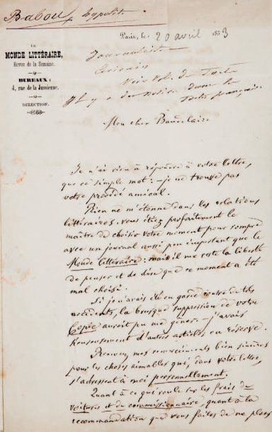 Hippolyte BABOU (1823-1878) Ecrivain et critique littéraire. Lettre autographe signée...