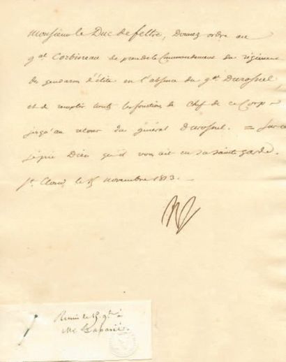 null Nomination du général Corbineau à la tête du Corps des Gendarmes d'élite. Lettre...