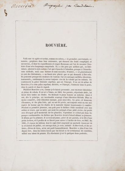  Préoriginale de la notice de Charles Baudelaire rédigée sur Philibert Rouvière,...