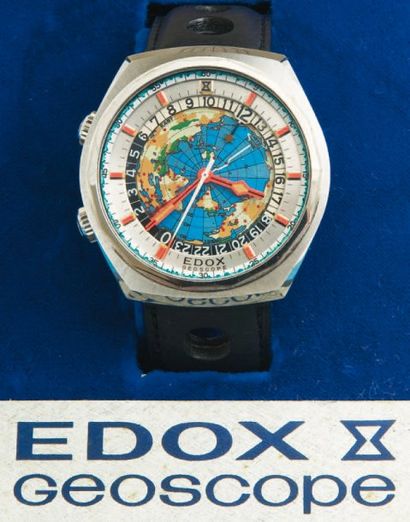 EDOX (Geoscope 42 / Word Time ) vers 1970 Exceptionnelle et rare montre tonneau octogonal...