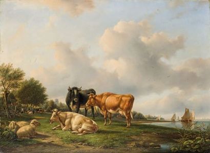 Ecole hollandaise du XIXème siècle Vaches et moutons au pré Huile sur panneau. 65...
