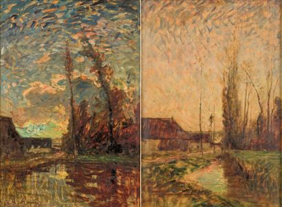 Auguste François RAVIER (1814 - 1895) Crépuscule au bord de l'étang - Paysage à la...