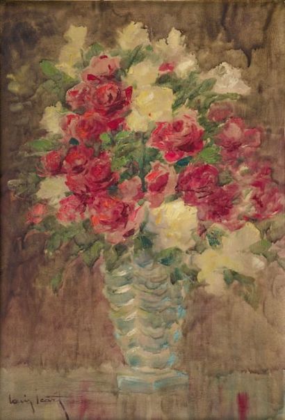 Louis ICART (1888-1950) Bouquet de roses Huile sur toile, signée en bas à gauche....