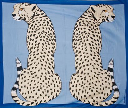 HERMÈS Paris made in France Important paréo en coton à décors de deux guépards. Très...