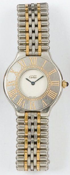 CARTIER Must 21. Bracelet montre en acier et acier doré, cadran blanc, lunette à...