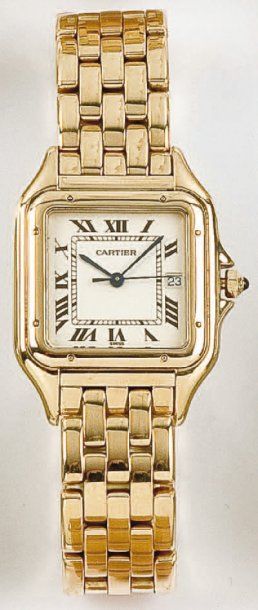 CARTIER Panthère. Bracelet montre en or jaune, cadran à chiffres romains, date, mouvement...