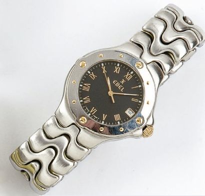 EBEL Sportwave. Bracelet montre en acier, cadran gris, date, trotteuse centrale,...