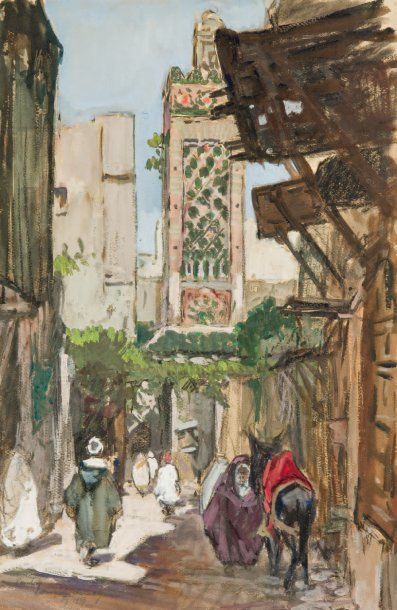 Henri PONTOY (1888-1968) Mosquée Chrabliyine, Fès Aquarelle et gouache blanche, signée,...