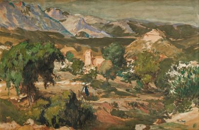 Henri PONTOY (1888-1968) Paysage de l'Atlas Aquarelle et gouache, signée en bas à...