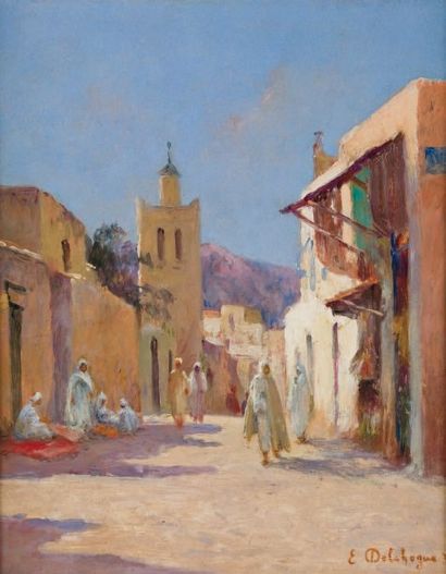 Eugène DELAHOGUE (1867-1934) Rue animée à Tunis Huile sur carton marouflé sur toile,...