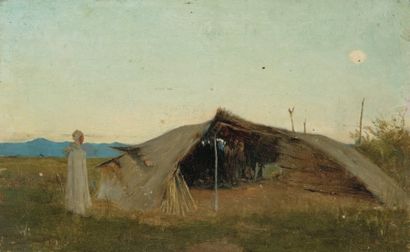 Francisque NOAILLY (1855-1942) Campement Huile sur panneau. 16 x 25,5 cm
