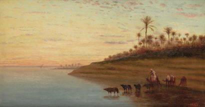 Entourage de Théodore FRERE (1814-1888) Les Chapelles (Bord de Nil au crépuscule)...