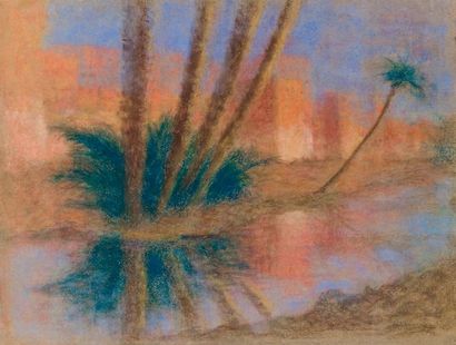 Lucien LEVY-DHURMER (1865 - 1953) Reflets devant les remparts de Marrakech Pastel...