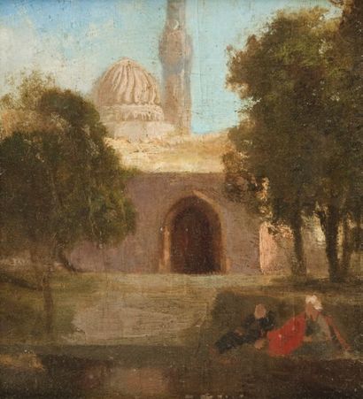 Attribué à Prosper MARILHAT (1811-1847) Personnages assis aux abords d'une mosquée...