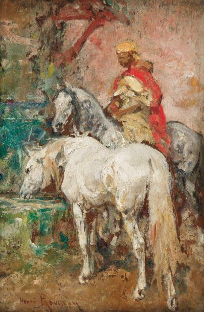 Henri Emilien ROUSSEAU (1875-1933) Cavalier et ses chevaux à la fontaine Huile sur...