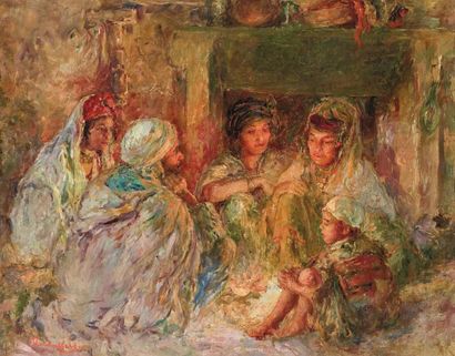 Edouard VERSCHAFFELT (1874-1955) Discussion au coin du feu Huile sur toile, signée...