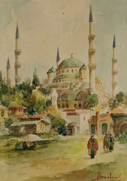 BARAFANA (XXème siècle) La Mosquée Bleue, Istanbul Aquarelle, signée en bas à droite...