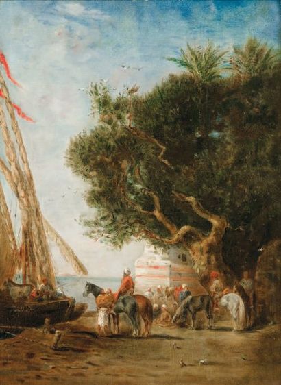 Narcisse BERCHERE (1819-1891) Bord du Nil Huile sur toile, avec inscription au dos...