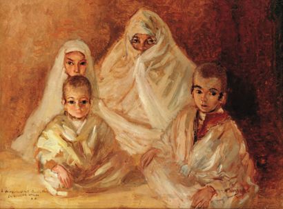 André HAMBOURG (1909-1999) Marocaine et ses enfants Huile sur isorel, signée en bas...