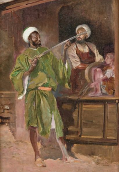 Gaston DUREL (1879-1954) Le rémouleur marocain Huile sur toile, signée en bas à droite....