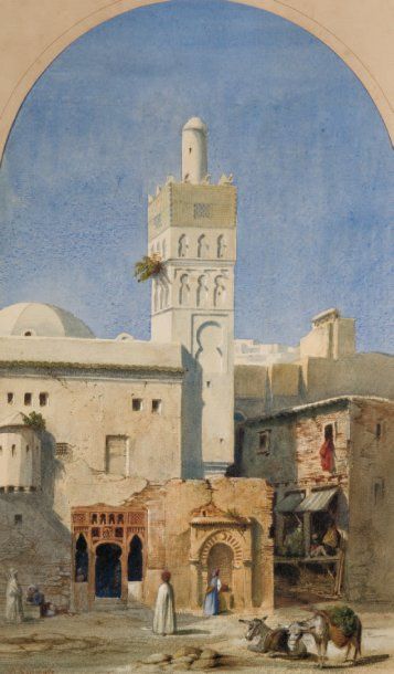 Alexandre CAMINADE (1789-1862) Personnages devant la Mosquée (Alger) Aquarelle, signée...