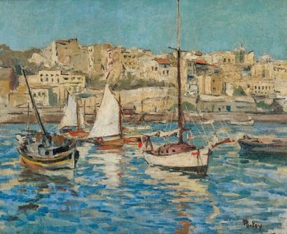Henri PONTOY (1888-1968) Port du Maghreb Huile sur toile, signée en bas à droite....