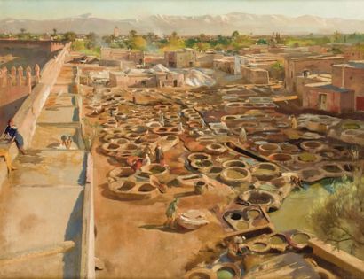 Attribué à Jean Emile LAURENT (1906-?) Le souk des teinturiers à Marrakech Huile...