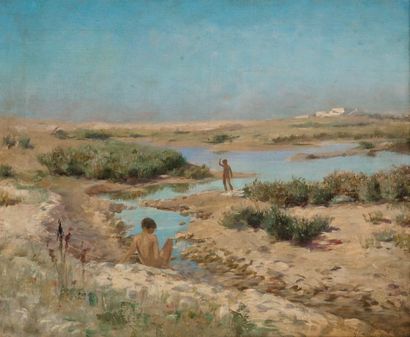 Gustave Archille GUILLAUMET (1840-1877) Enfants au bord de l'Oued Huile sur toile,...