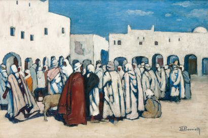 Maurice BOUVIOLLE (1893-1971) Sur la Place de Ghardaia Huile sur toile, signée en...