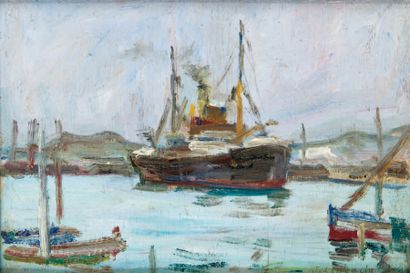 Jules LELLOUCHE (1903-1963) Port en Tunisie Huile sur panneau, signée en bas à droite....