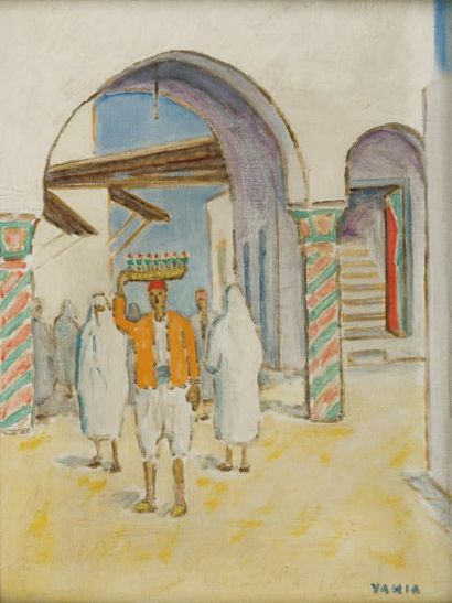 Yahia TURKI (1902-1969) Souk des étoffes à Tunis Huile sur toile marouflée sur carton,...