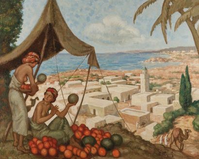 Fernand MAJOREL (1898-1965) Les Marchandes de pastèques (Maroc) Huile sur toile,...