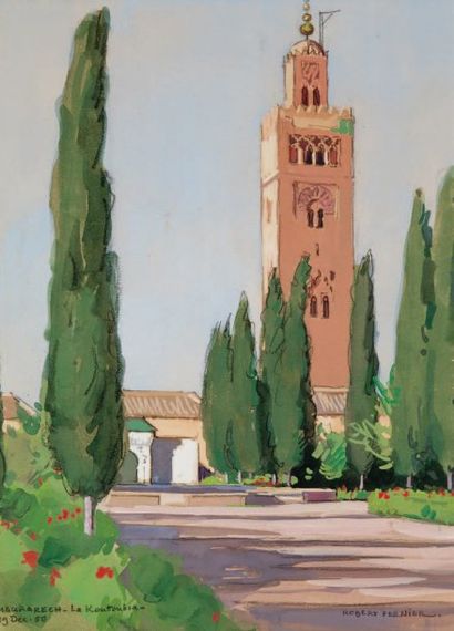 Robert FERNIER (1895-1977) Le Minaret de la Koutoubia Aquarelle et gouache, sur trait...