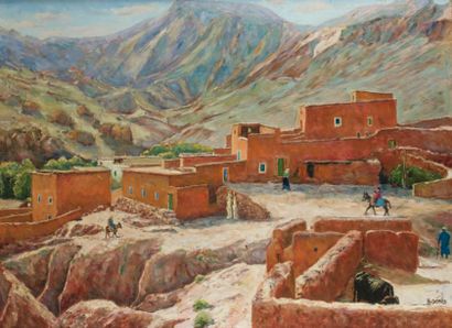 Robert DENIS (né en 1931 ) Adida de Bouthrarar, Vallée des Roses, Maroc Huile sur...