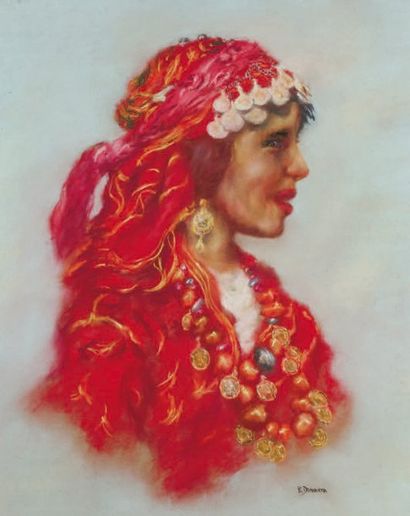 Catherine DAMMERON (XXème siècle) Femme au foulard rouge Pastel, signé en bas à droite....