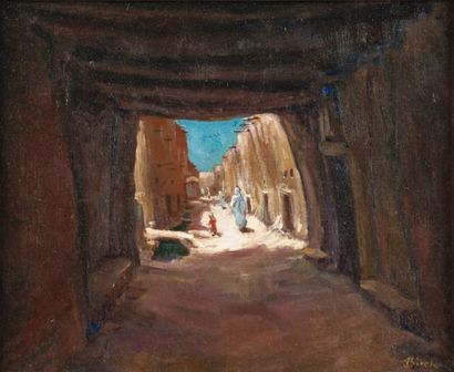 Alphonse BIRCK (1859-1942) Promeneurs dans la kasbah Huile sur toile, signée en bas...