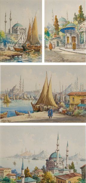 CHERIF (fin XIXème - début XXème siècle) Quatres vues d'Istanbul Quatre aquarelles,...