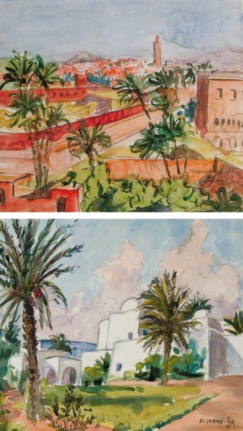 Louis AUBRÉE (1906-1991) Marrakech - El Shems Deux aquarelles, situées, l'une signée...
