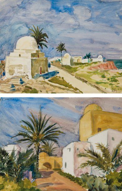 Louis AUBRÉE (1906-1991) El Shems Deux aquarelles, monogrammées en bas à droite et...
