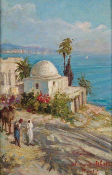 Alessandro ABATE (XIXème- XXème siècles) Vue plongeante sur la mer, Tunisie Huile...