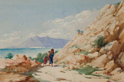 Marcel BLAIRAT (1849/55-?) Famille marchant, Golfe de Tunis Aquarelle, signée en...