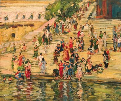 Léon LURET (XXème siècle) Le Gange à Bénarès Huile sur panneau, signée en bas à droite....