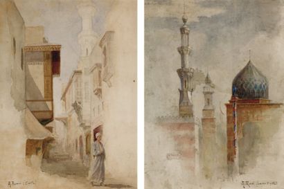 Alberto ROSSI (1858-1936) Les minarets au Caire Rue animée au Caire Paire d'aquarelles,...